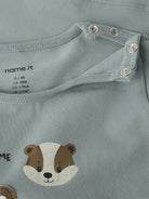 NAME IT Racer Baby Boys’ Long Sleeve Animal Print Top in Abyss, shoulder press studs and animal graphic detail
