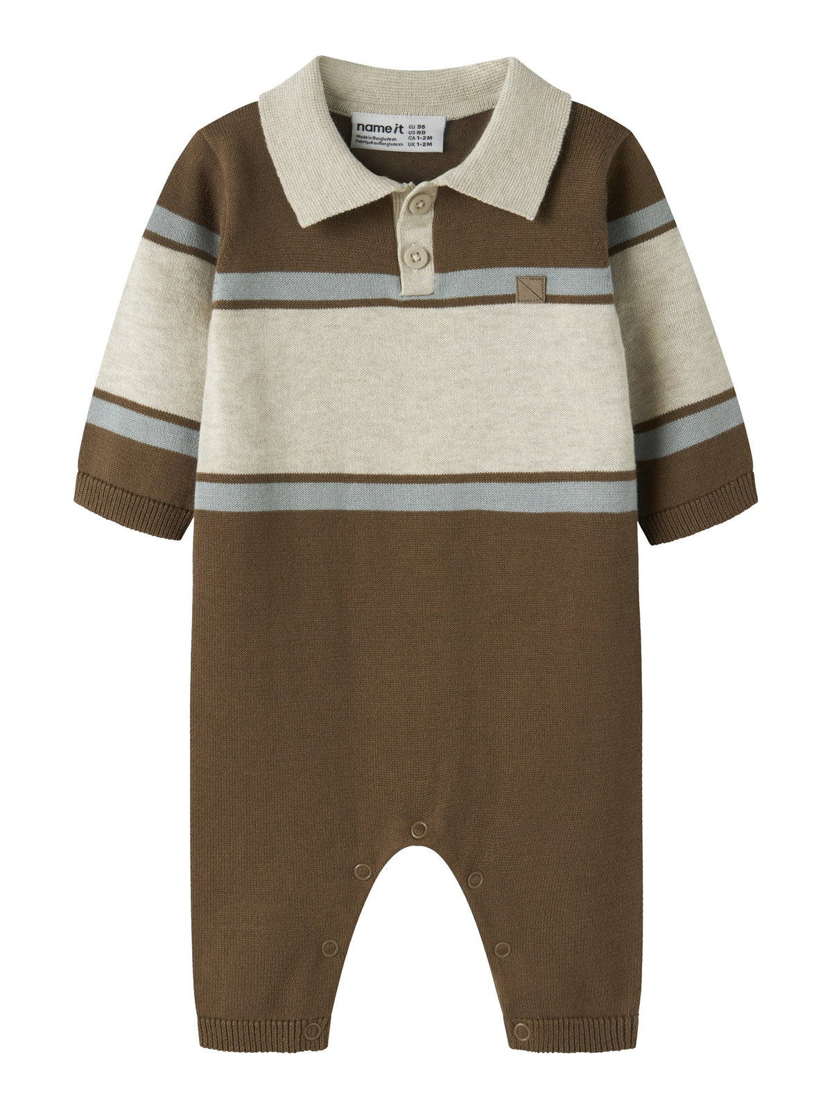 NAME IT Ral Baby Boys’ Knitted Polo Jumpsuit in Sepia, front view