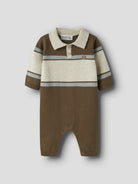 NAME IT Ral Baby Boys’ Knitted Polo Jumpsuit in Sepia, front view on a grey background