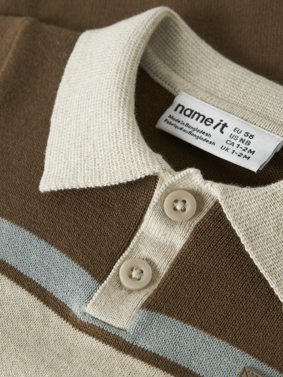 NAME IT Ral Baby Boys’ Knitted Polo Jumpsuit in Sepia, polo collar, buttons and knitted stripe detail