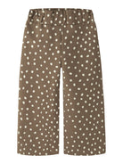 Front view of NAME IT Rammie wide-leg sweatpants in Coca Mocha with cream dot print