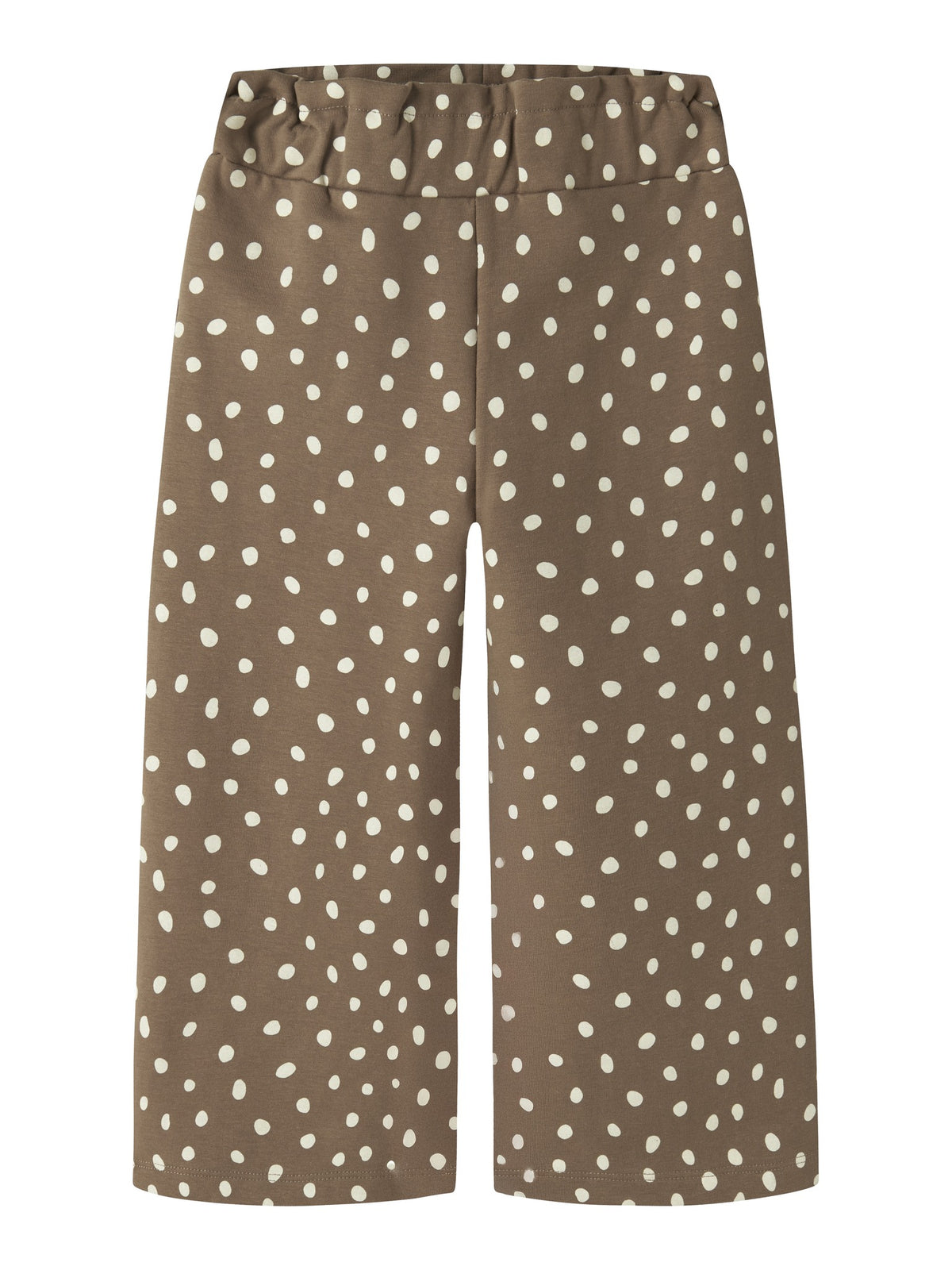 Front view of NAME IT Rammie wide-leg sweatpants in Coca Mocha with cream dot print