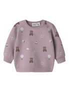 NAME IT Ragine Baby Girls’ Printed Sweatshirt in Mauve Shadows, front view showing the teddy bear, balloon and bow print