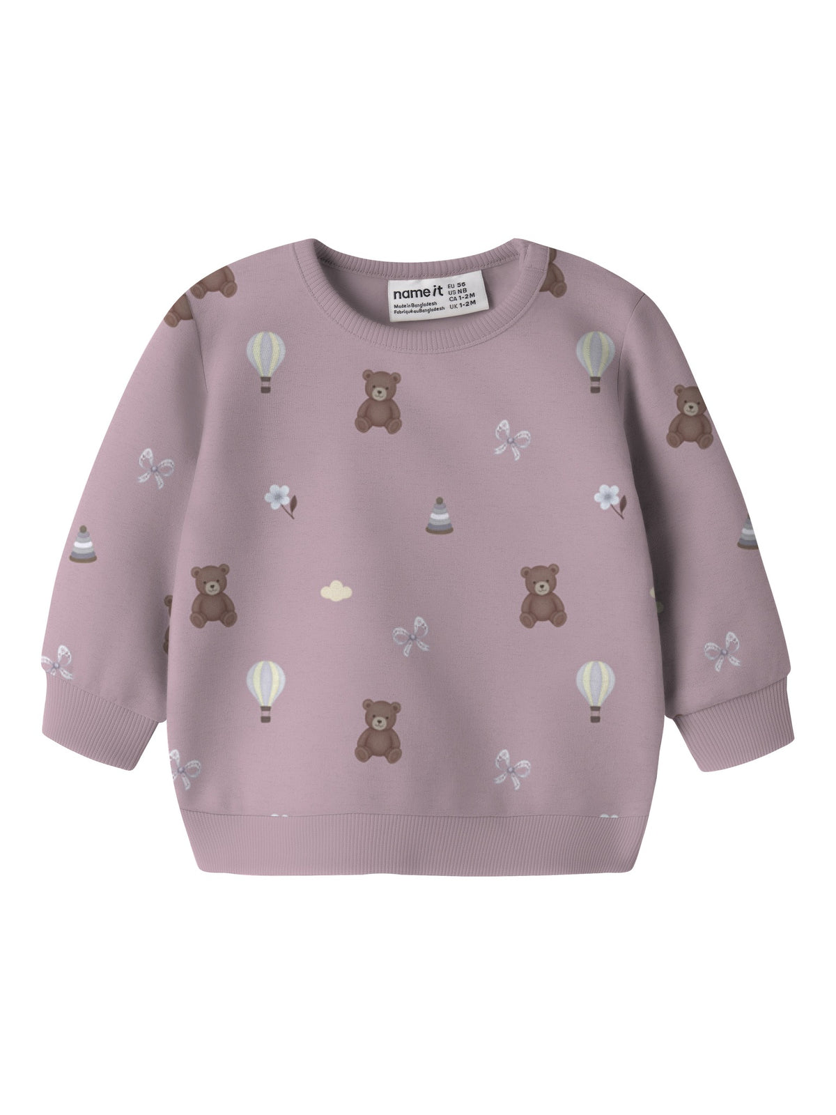 NAME IT Ragine Baby Girls’ Printed Sweatshirt in Mauve Shadows, front view showing the teddy bear, balloon and bow print