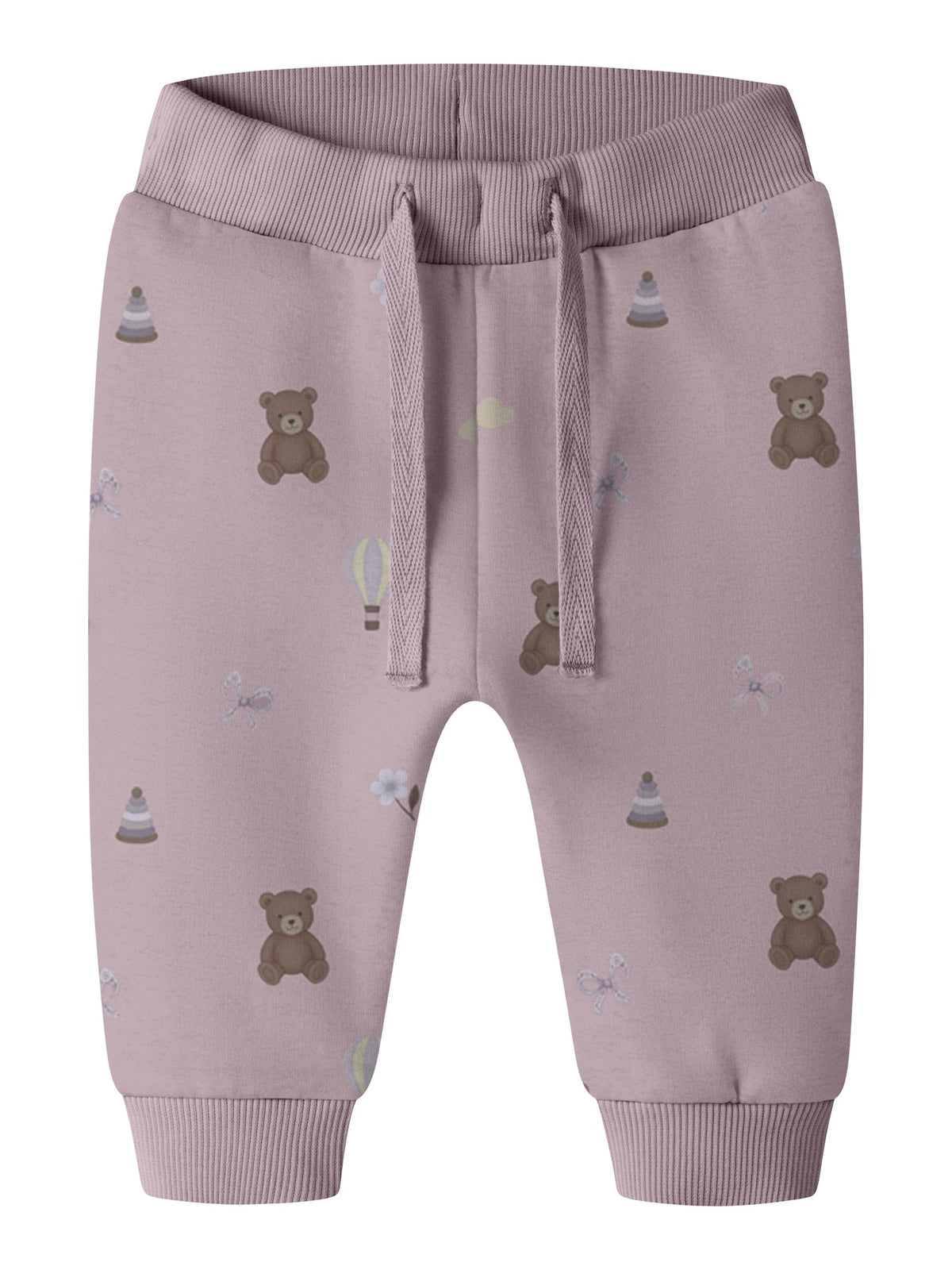 NAME IT Ragine Baby Girls’ Printed Sweatpants in Mauve Shadows, front view showing the waist tie and teddy bear print