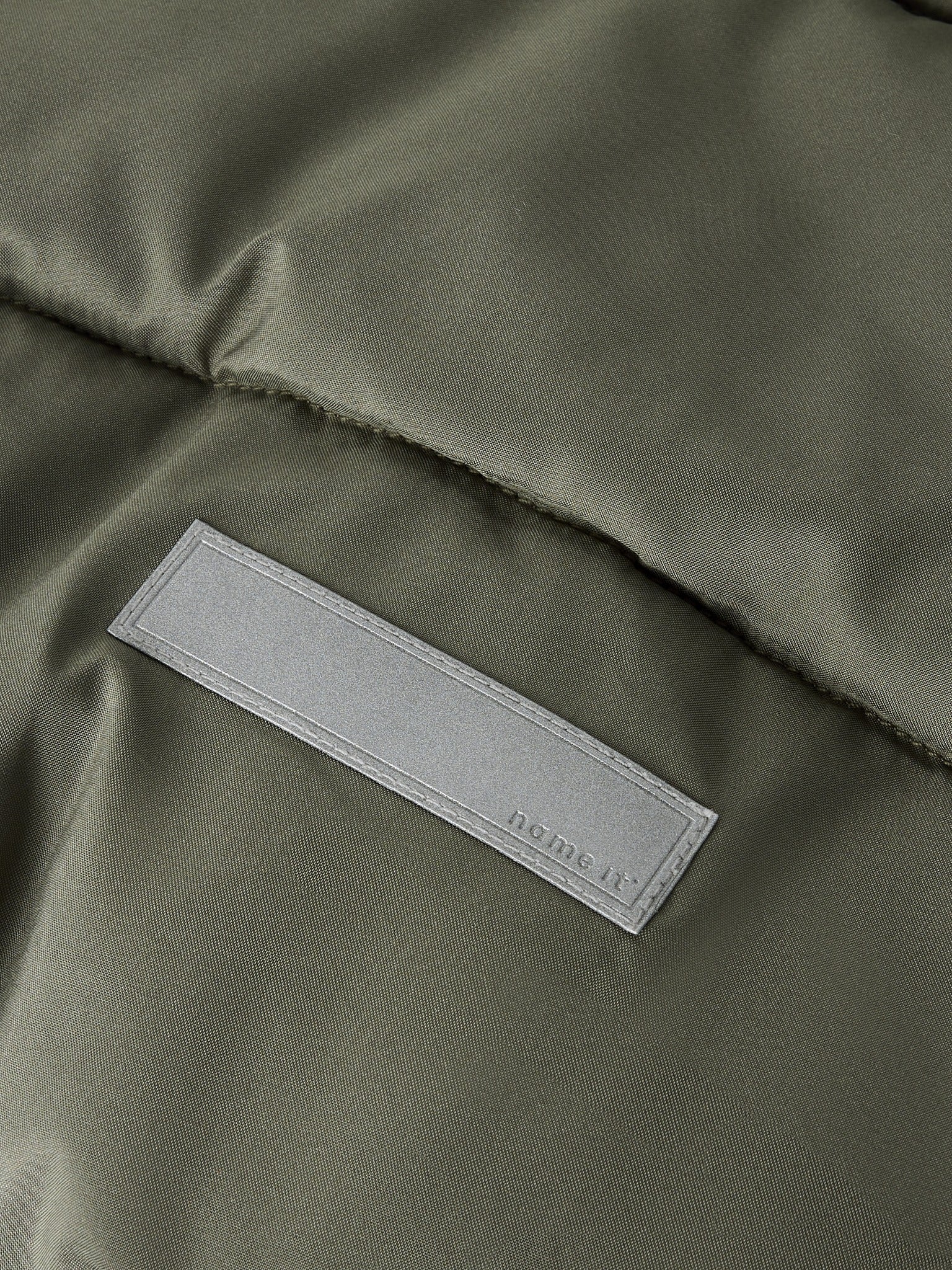 NAME IT Forty Puffer Jacket in Dusty Olive logo patch detail