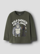 Front view of NAME IT Rafo long sleeve top in Olive Night against a grey background