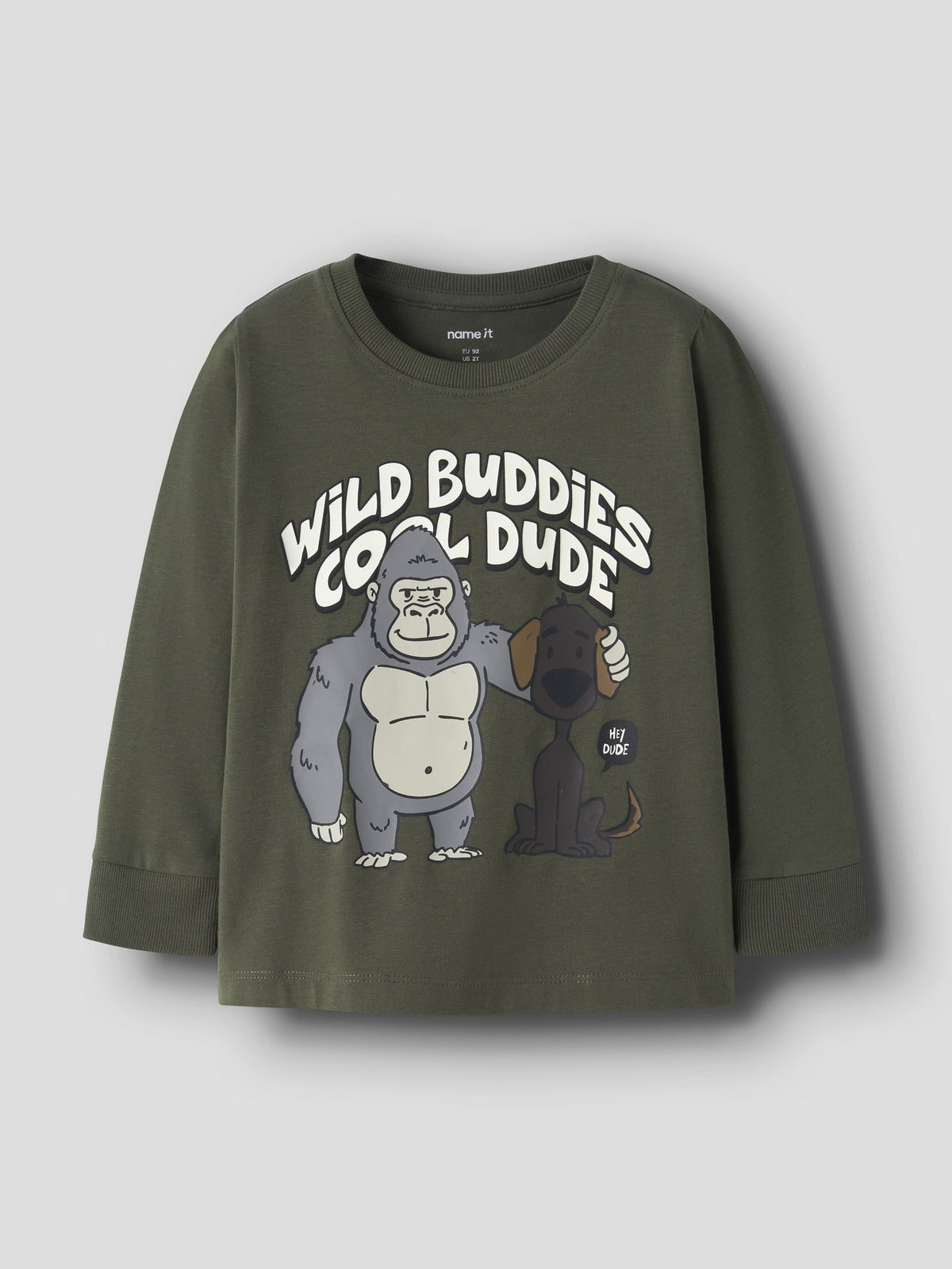 Front view of NAME IT Rafo long sleeve top in Olive Night against a grey background