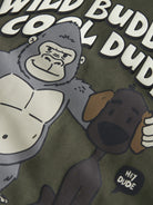 Close-up of the animal graphics and lettering on the NAME IT Rafo top in Olive Night