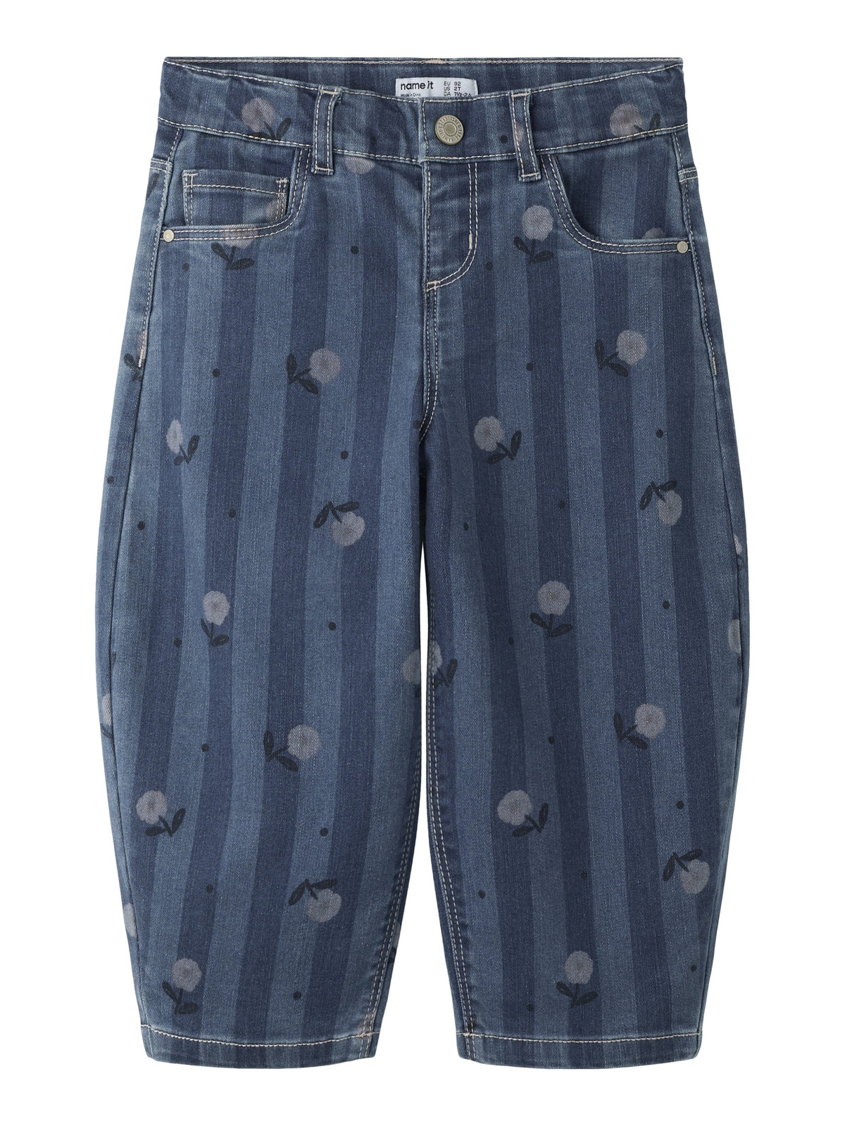 NAME IT Bella Barrel Jeans in Medium Blue Denim Flower front view
