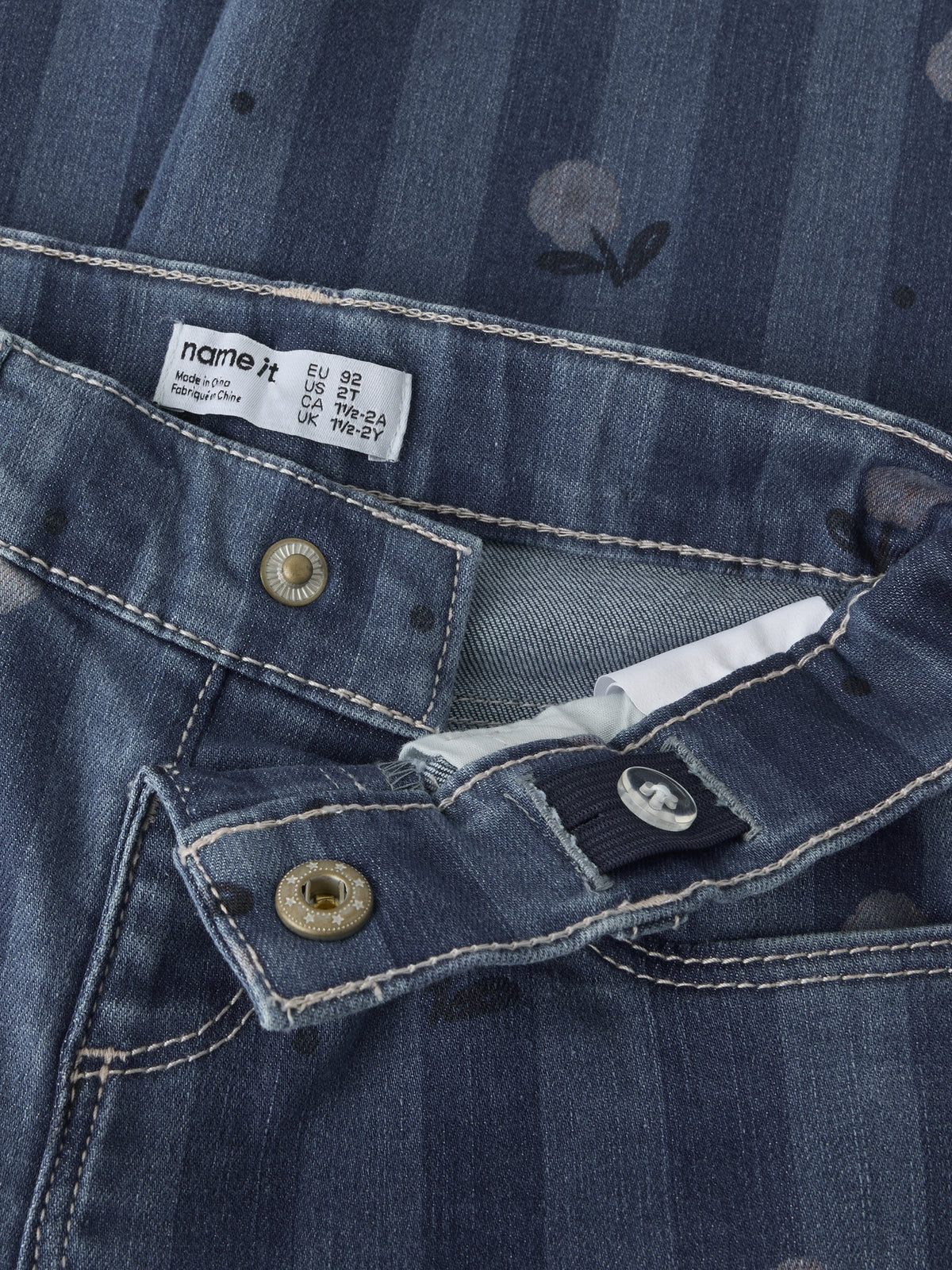 NAME IT Bella Barrel Jeans in Medium Blue Denim Flower adjustable waistband and button detail