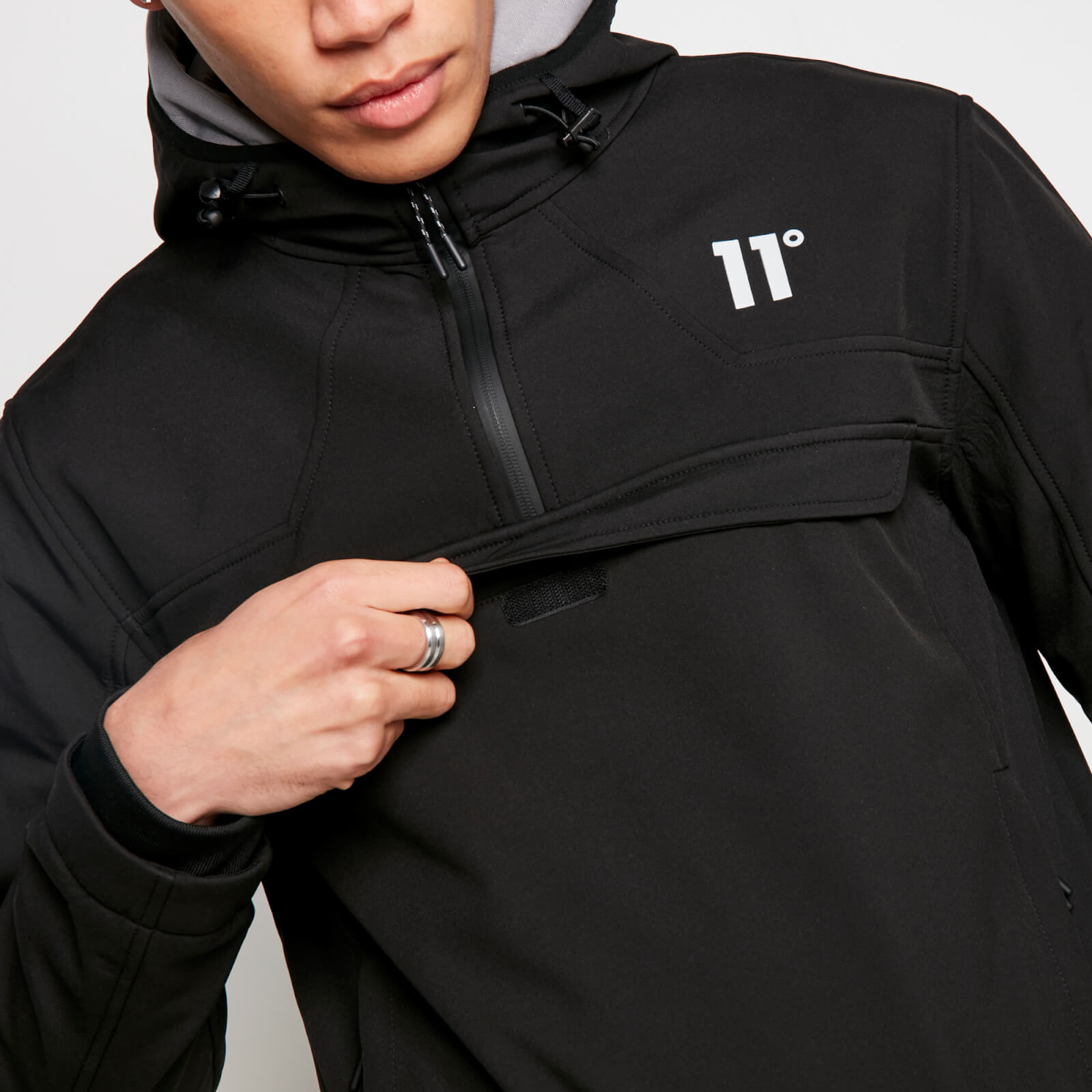 Men's Soft Shell Over The Head Jacket - Black-Front Pocket View