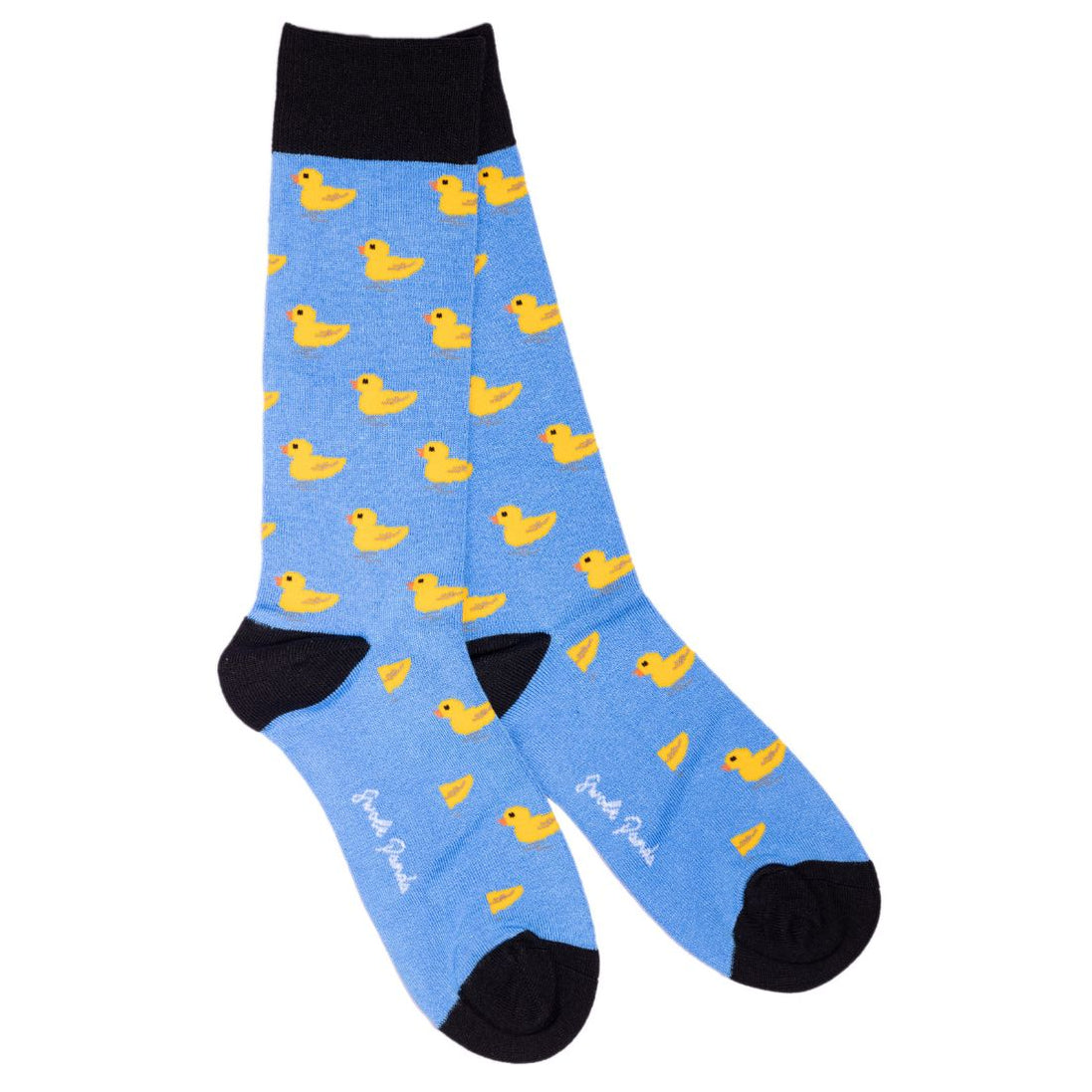Blue socks with yellow duck pattern on a white background