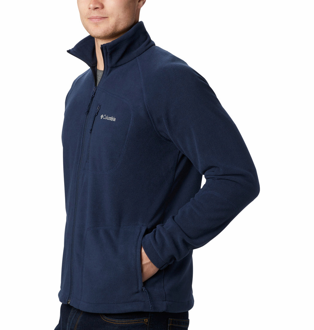 Navy blue fleece pullover with Columbia logo on a white background