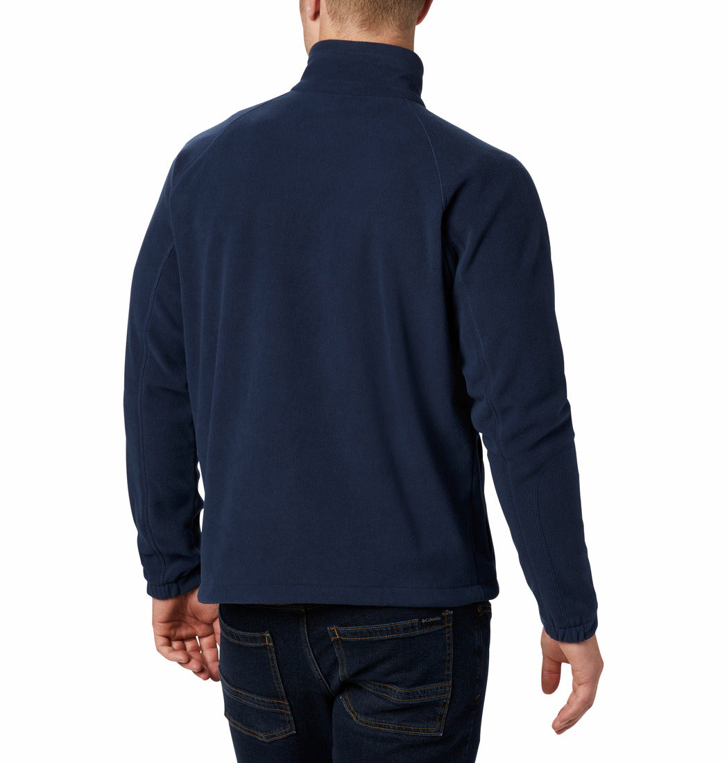 Navy blue half-zip sweatshirt worn by a person on a white background