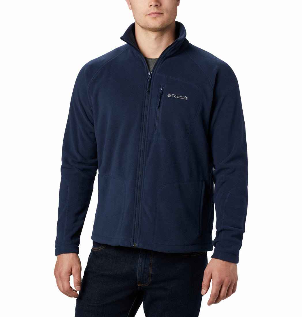 Navy blue fleece jacket with Columbia logo on a white background
