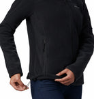 Black jacket with a brand logo on a white background