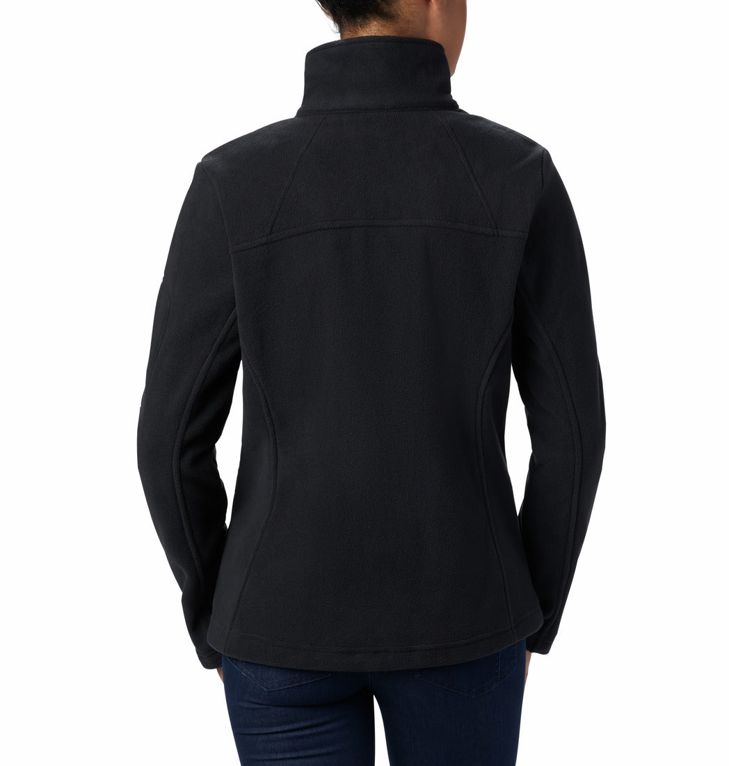 Black jacket worn by a person on a white background