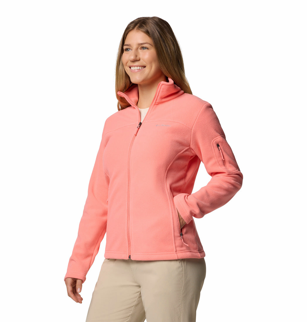 Woman wearing a pink jacket on a white background