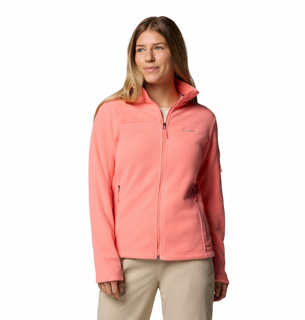 Woman wearing a pink fleece jacket on a white background