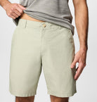 Person wearing light green shorts and a gray shirt on a plain background