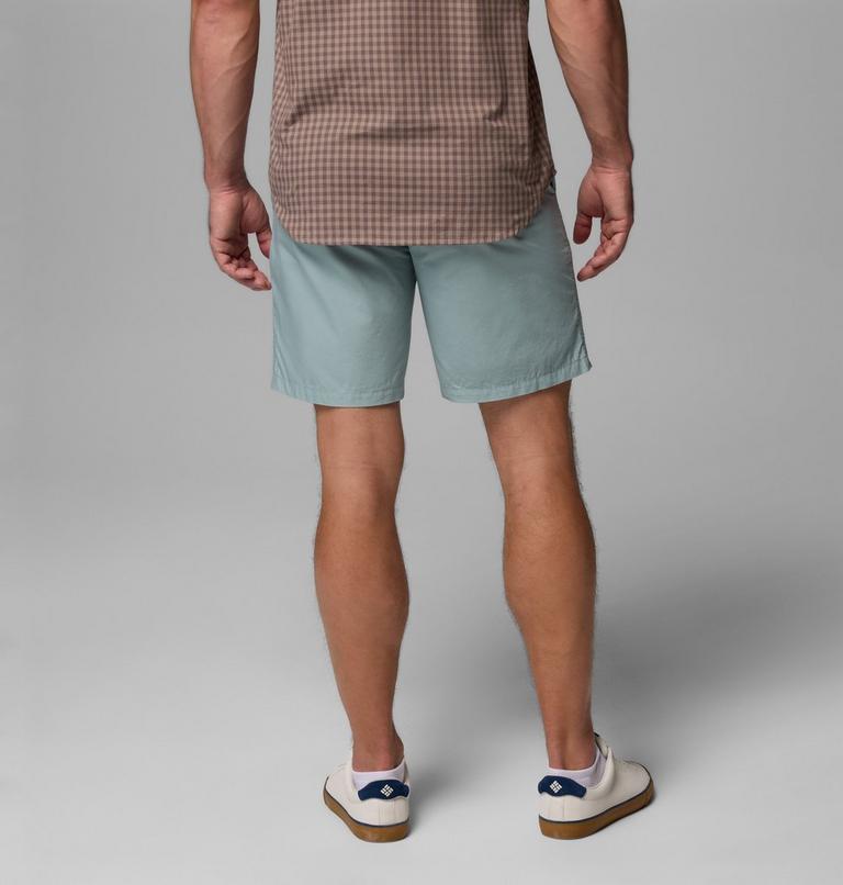 Person wearing light blue shorts and a plaid shirt on a gray background