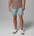 Person wearing light blue shorts and a plaid shirt on a gray background