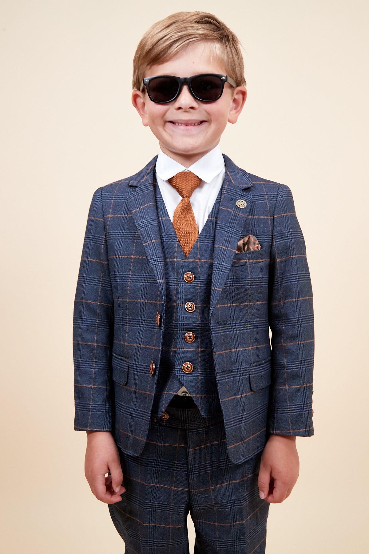 Marc Darcy Boyswear Jenson Marine Check Boys 3 Piece Suit MARINE model front view