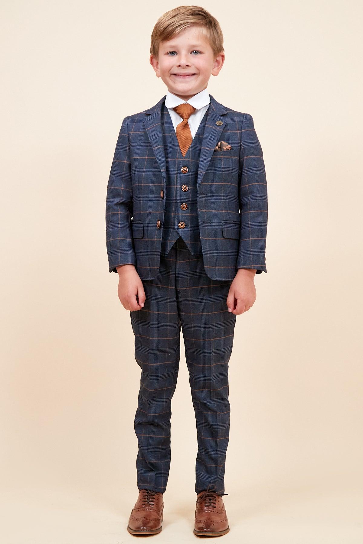 Boys Jenson Marine Check Boys 3 Piece Suit-Model Front View