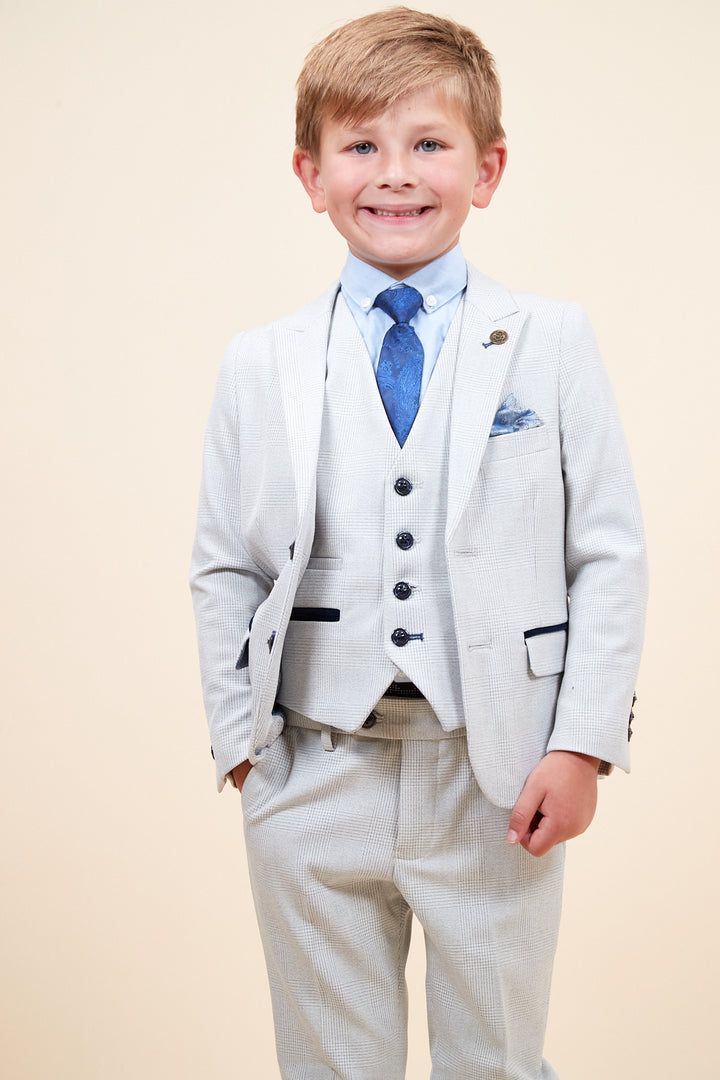 Marc Darcy Boyswear Bromley Boy Three Piece Suit STONE model front view