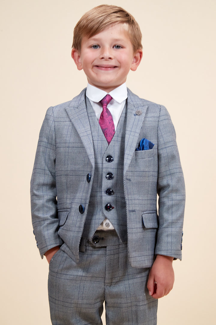 Marc Darcy Boyswear Jerry Boys Grey Check 3 Piece Suit Grey model front view