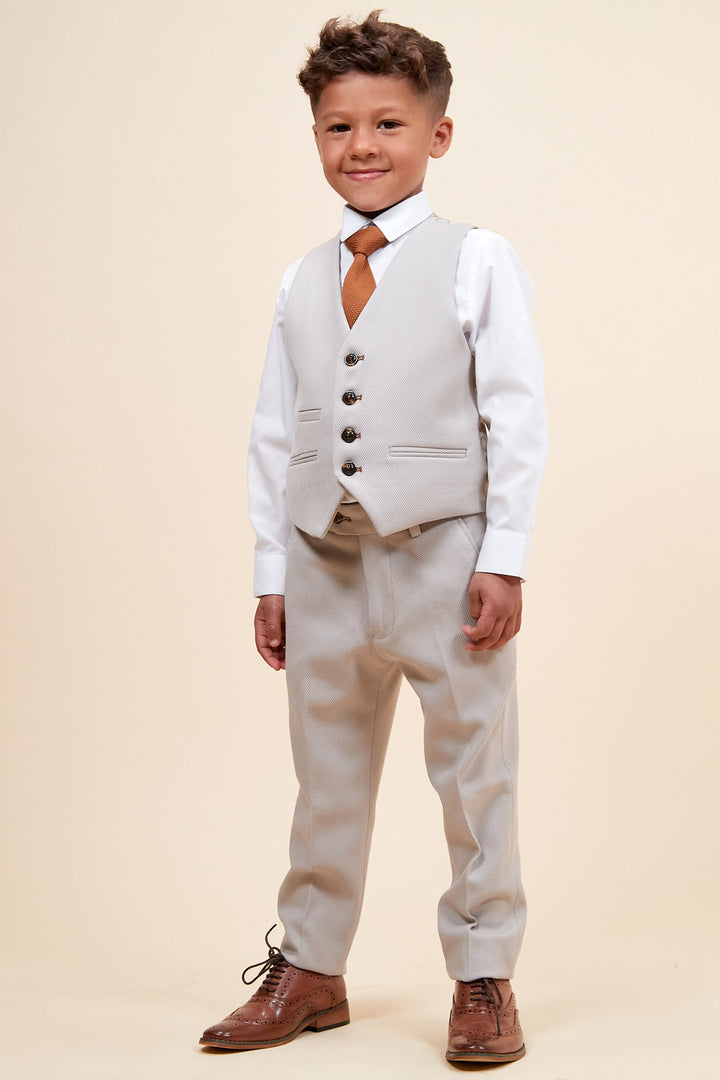 Marc Darcy Boyswear HM5 Boys Stone 3 Piece Suit Stone model front view