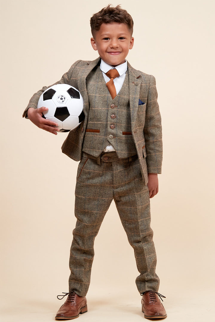 Marc Darcy Boyswear Ted Kids 3 Piece Check Tweed Suit TAN front view