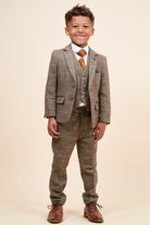 Marc Darcy Boyswear Ted Kids 3 Piece Check Tweed Suit TAN model front view