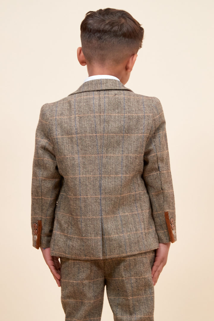 Marc Darcy Boyswear Ted Kids 3 Piece Check Tweed Suit TAN back view