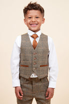 Marc Darcy Boyswear Ted Kids 3 Piece Check Tweed Suit TAN flat front view