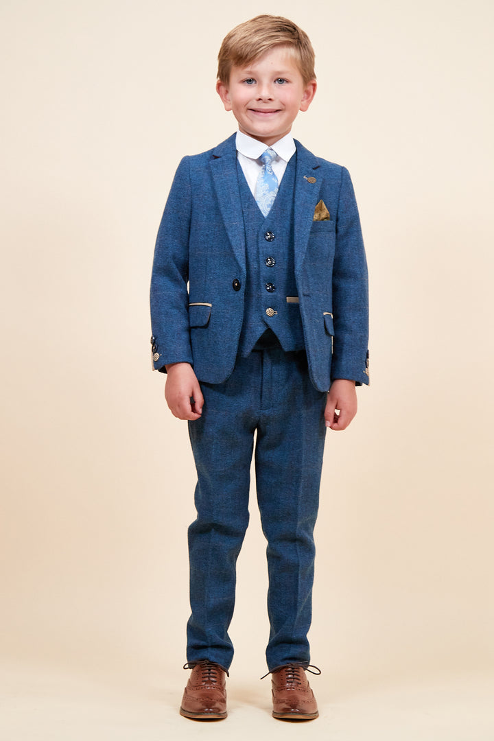 Marc Darcy Boyswear Dion Boy 3 Piece Blue Tweed Suit Blue front view