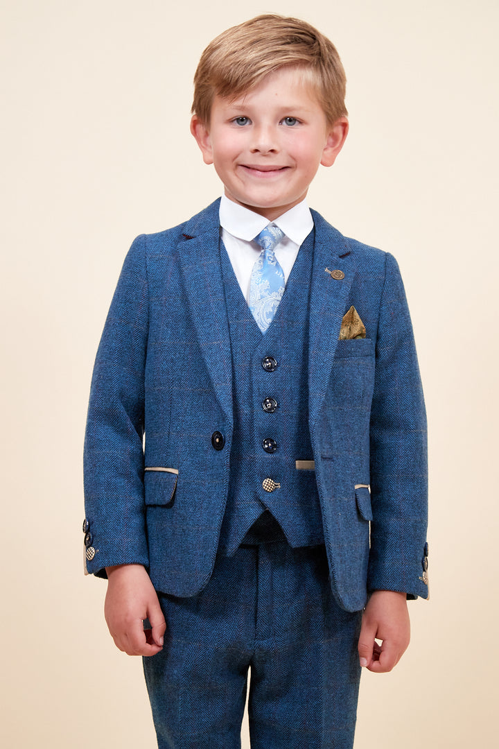 Marc Darcy Boyswear Dion Boy 3 Piece Blue Tweed Suit Blue model front view