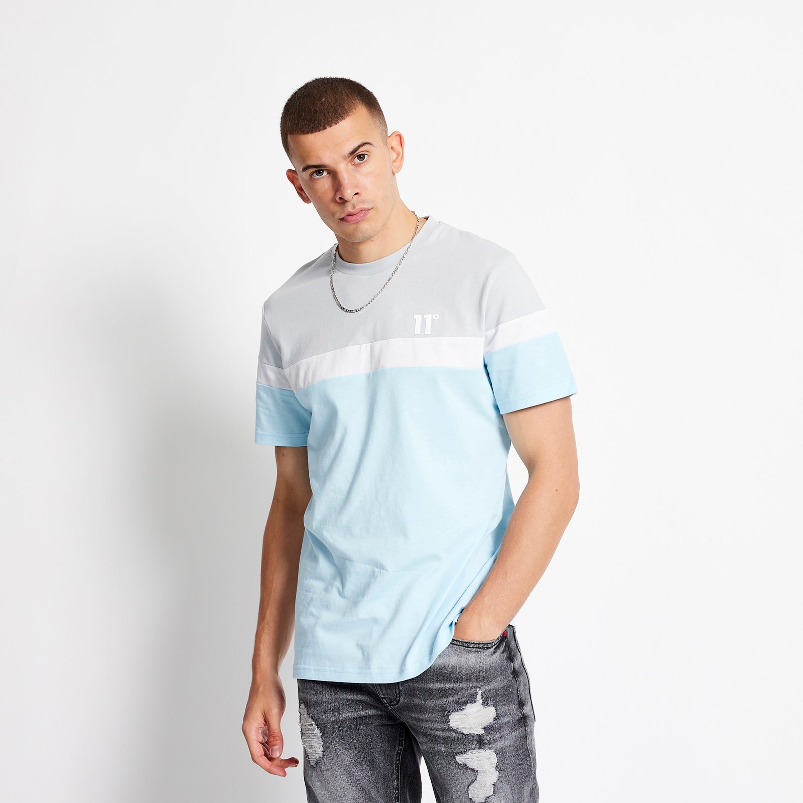 Men's Triple Panel T-Shirt - Ice Blue/Micro Chip/White-Model Front View