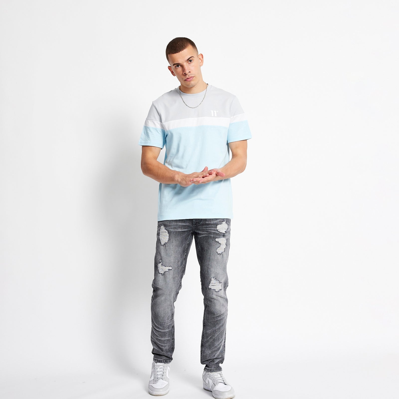Men's Triple Panel T-Shirt - Ice Blue/Micro Chip/White-Model Full Front View