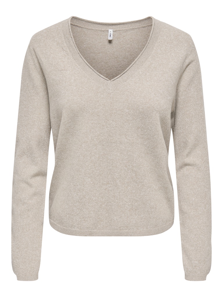 ONLY Loyal v-neck Pullover Knit in Beige Melange front view