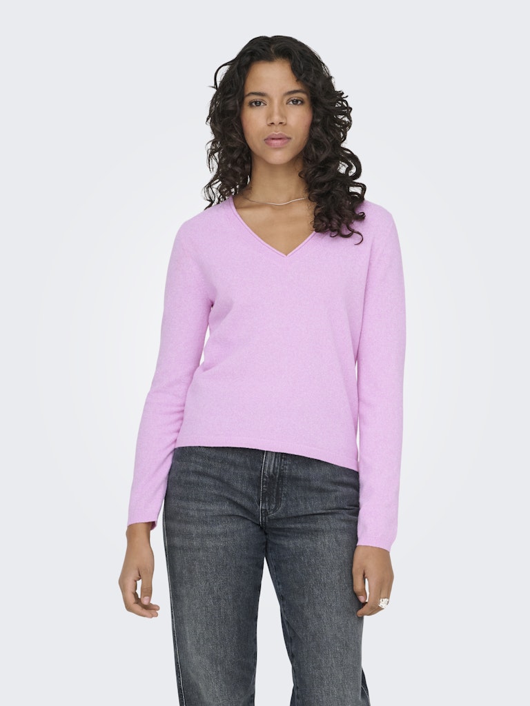 ONLY Loyal V-neck Pullo Knit-Super Pink/Melange sweater front view