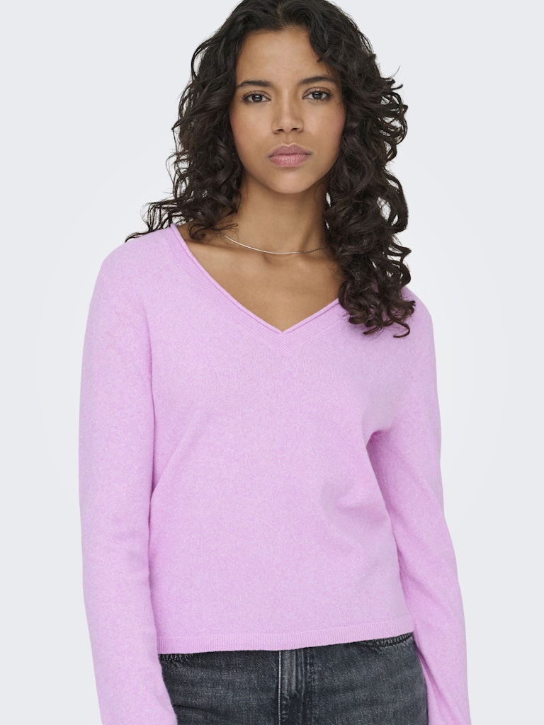 ONLY Loyal V-neck Pullo Knit- Super Pink/Melange V-neck sweater front view