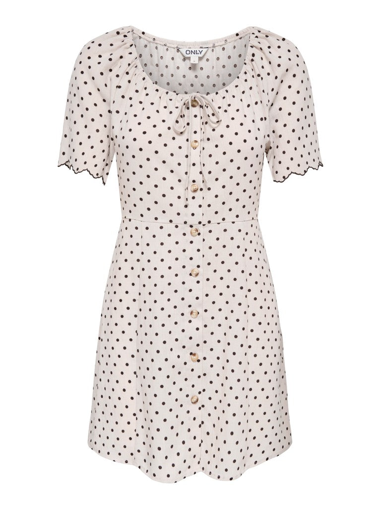 ONLY Emmia Short Sleeve Embroidered Short Dress Print in Pumice Stone DELICIOSO DOT front view