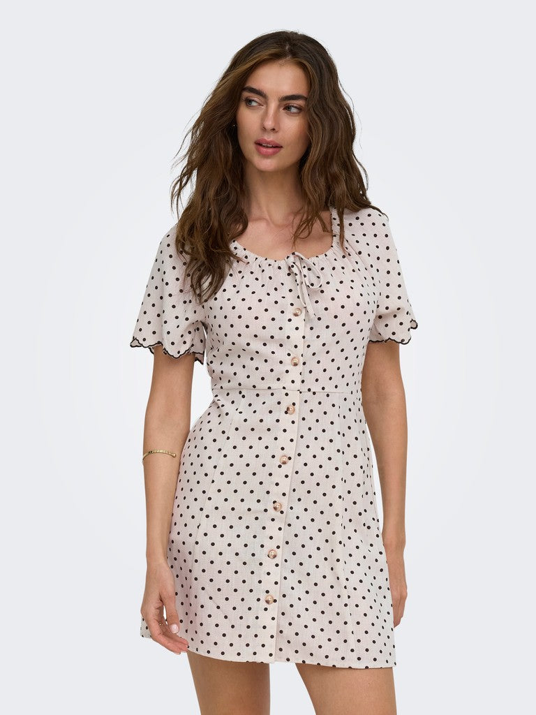 ONLY Emmia Short Sleeve Embroidered Short Dress Print in Pumice Stone DELICIOSO DOT full length model view