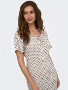 ONLY Emmia Short Sleeve Embroidered Short Dress Print in Pumice Stone DELICIOSO DOT button front detail