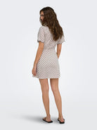 ONLY Emmia Short Sleeve Embroidered Short Dress Print in Pumice Stone DELICIOSO DOT back model view