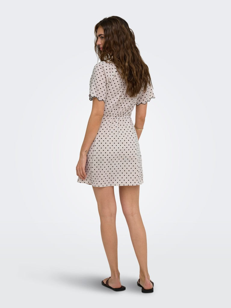 ONLY Emmia Short Sleeve Embroidered Short Dress Print in Pumice Stone DELICIOSO DOT back model view