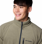 Columbia Mens Fast Trek III Half Zip Fleece in Stone Green, detail view of collar and logo