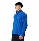 Person wearing a blue pullover with a visible brand logo on a white background